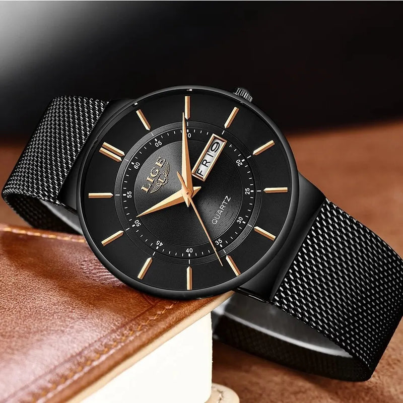 Relógio de quartzo ultrafino impermeável de luxo masculino com pulseira de aç